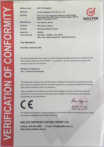 China Hynall Intelligent Control Co. Ltd certificaten